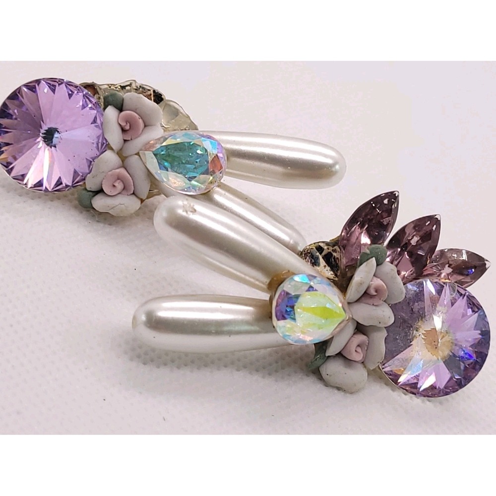 Vintage Style Juliana Style Purple Rhinestone Faux Pearl Clip Earrings As Is